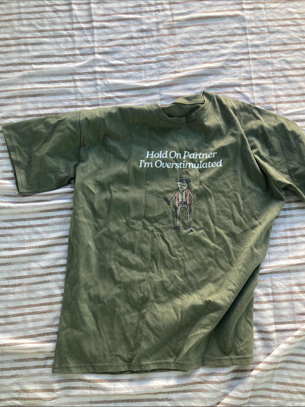 Hold On Partner I'm Overstimulated Cowboy Frog T-Shirt in Green